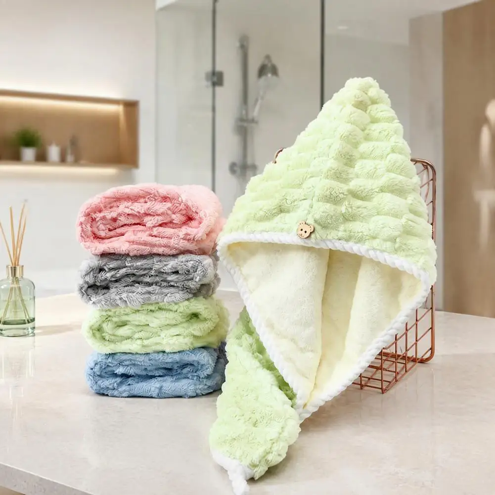 Coral Fleece Hair Turban Microfiber Hair Towel Wrap for Women Quick Dry Absorbent Hair Turban with Button Anti-frizz for Curly
