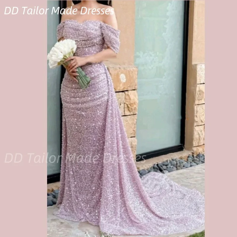 

Beautiful Arabic Wedding Dress Off The Shoulder Sequins Prom Dress Pink Mermaid Reception Gown Customized