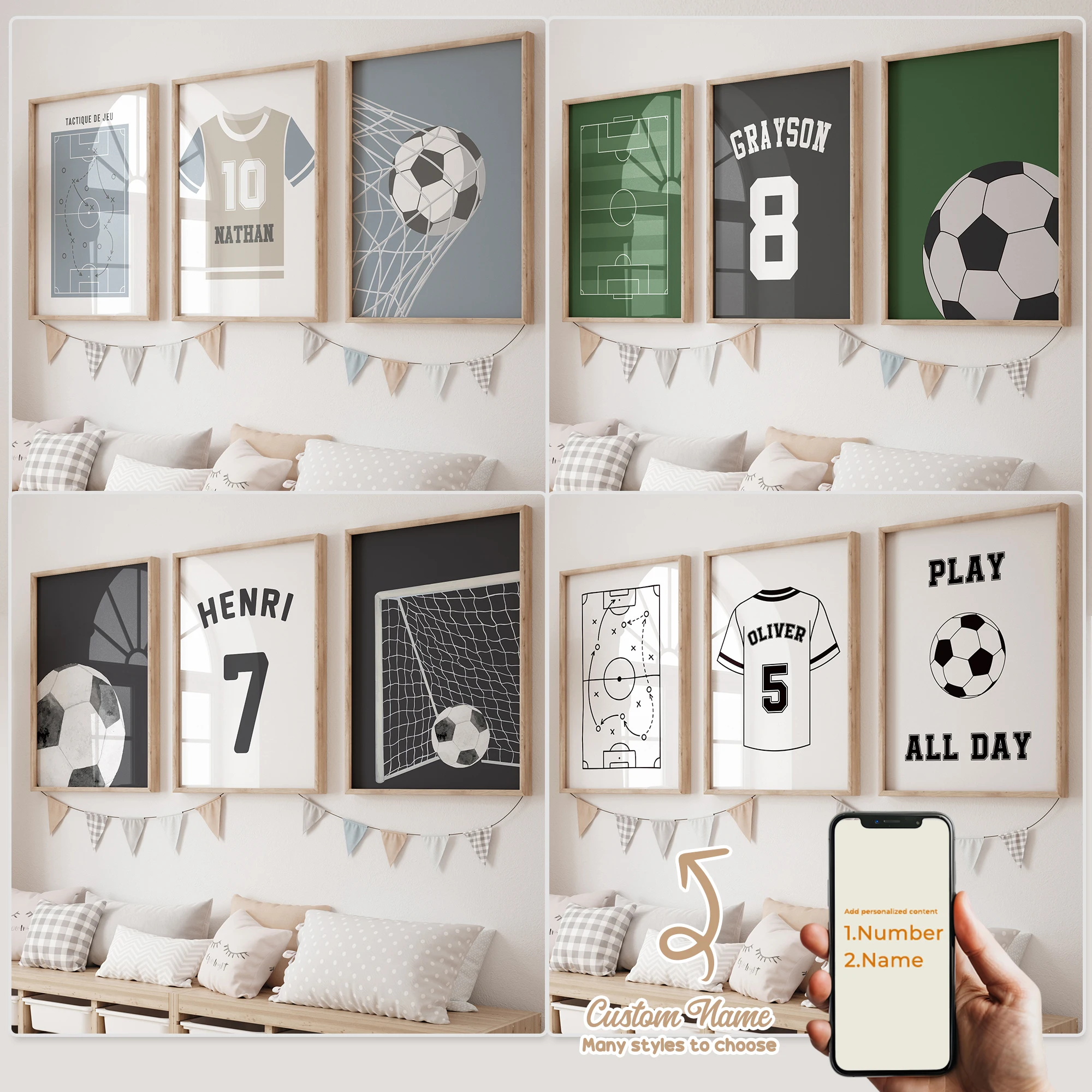 3 Stück personalisierte, individuelle Cartoon-Fußball-Wandkunst mit Namen, Leinwandposter, Gemälde für Wohnzimmer, Heimdekoration