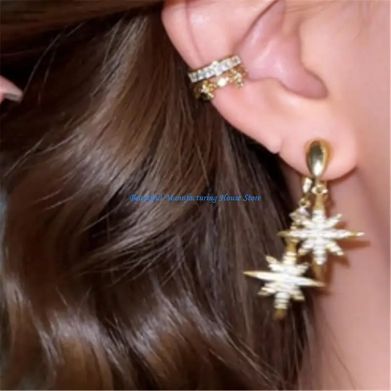 

E56A Alloy Star Earrings With Double Pendant and Sparkling Zircon Ear Accessories