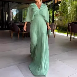 Vestido largo plisado con espalda descubierta para mujer, traje informal de manga 3/4, color liso, elegante, con escote en V y cintura alta, para verano