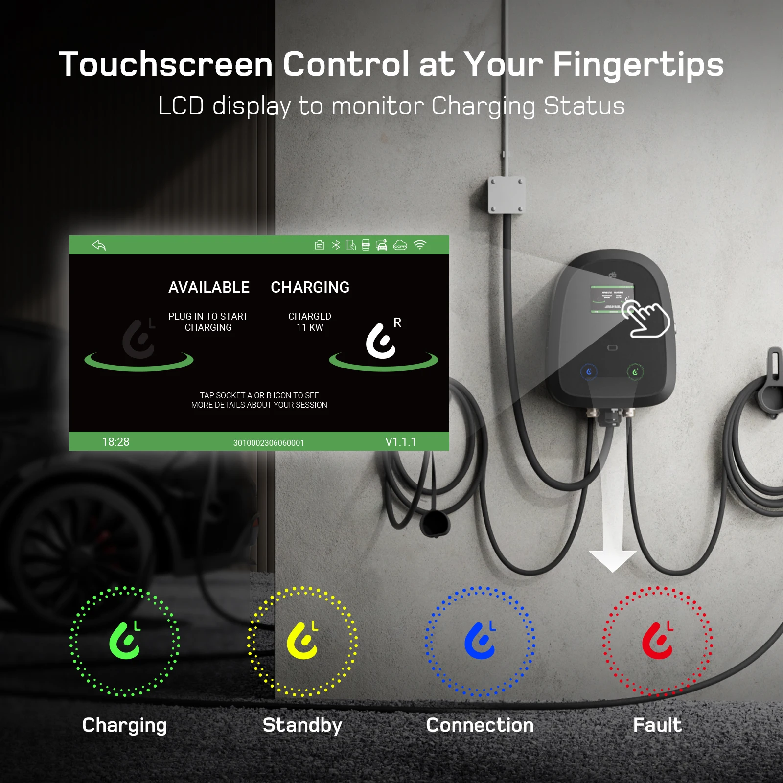 dé شاحن مزدوج Wallbox 11kW X 2 EV مع كابل 7m و10m من النوع 2 3-Phase 6A-32A App OCPP RFID للتحكم في بطاقة التحميل الديناميكي