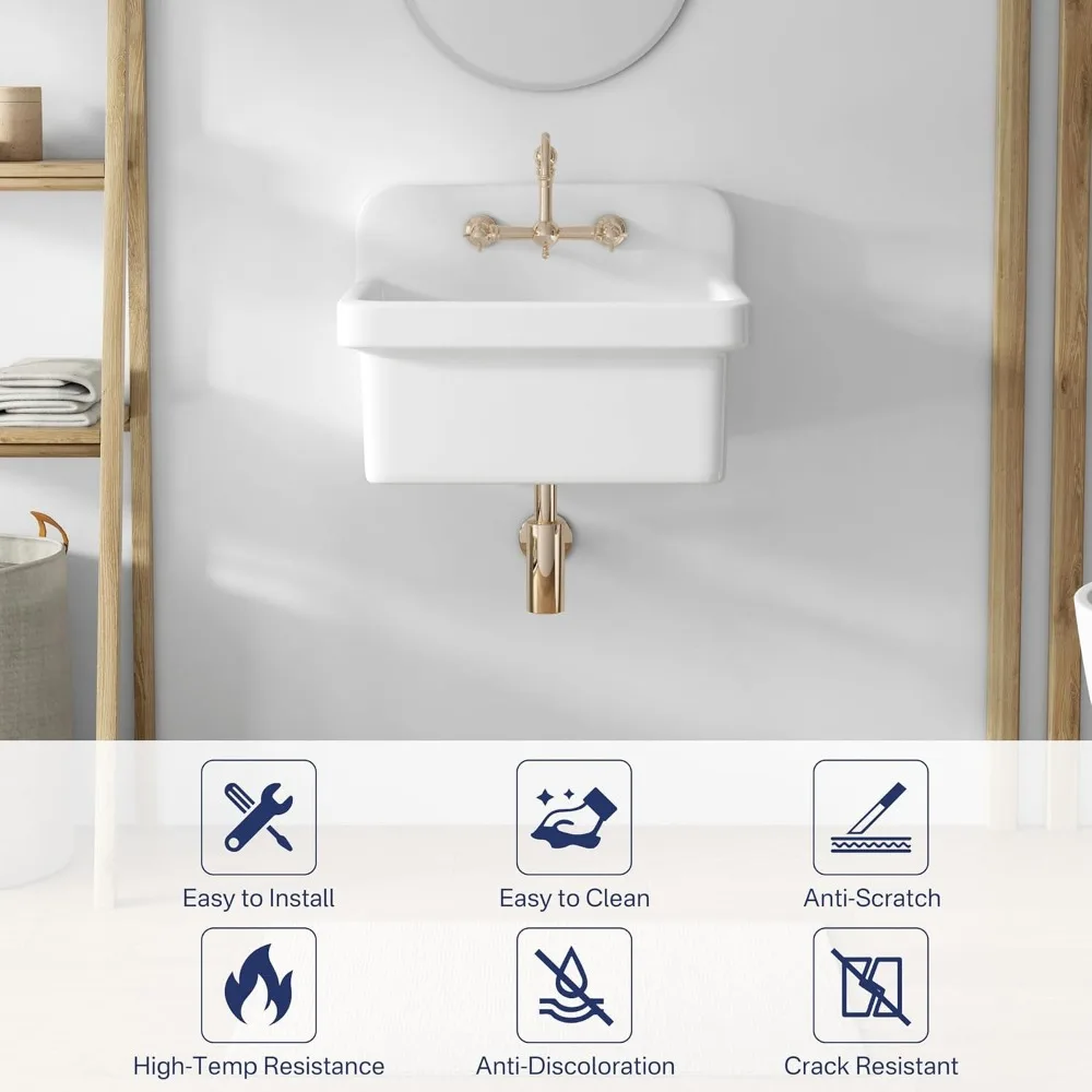 24 Inch Utility Sink, Farmhouse Kitchen Sink Wall Mounted Laundry Sink Floating Porcelain Ceramic Trough High Back for Garage,