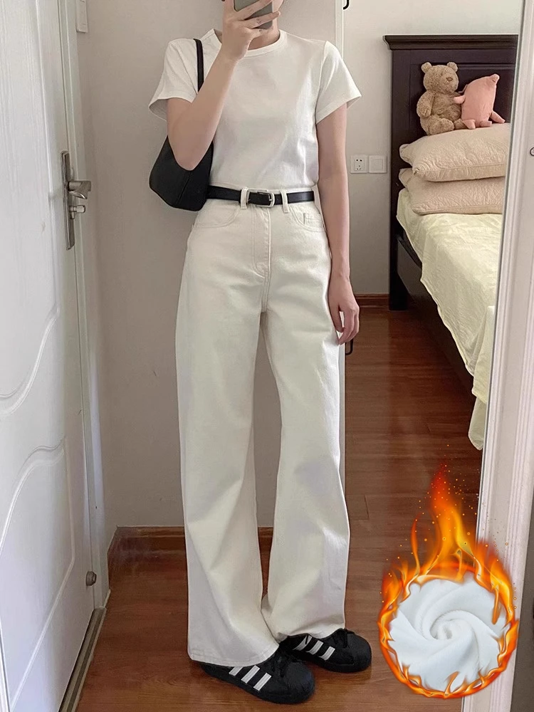 

White Fleece Lined Straight Leg Jeans Women's Loose Slimming Wide Leg Pants Casual High Waist Cotton Denim Autumn New Style
