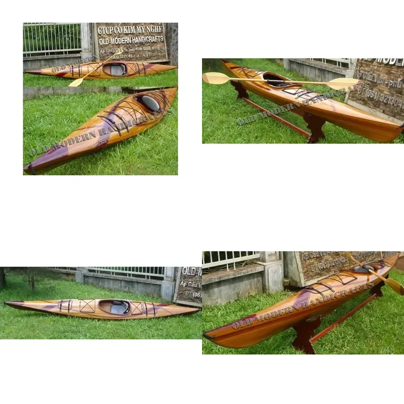 1-Person Fiberglass Wooden Sport Yacht Kayak 15' Light Weight Single Kayak with Paddle for Lake Fishing