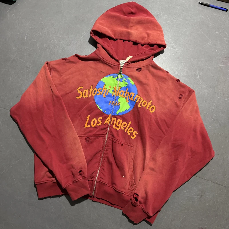 Street Trend Washed Red SATOSHI NAKAMOTO Zipper Hoodies Pattern Printed Outdated Ripped Man Woman Sweatshirts Stock