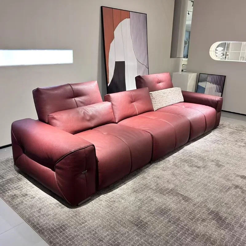 Italian functional backrest medium thickness first layer cowhide sofa, modern living room straight row leather sofa