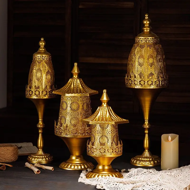 ironwork handicraft, hollowed-out 1PC Large vintage and aged golden electronic candlestick, photo prop, atmosphere wind light