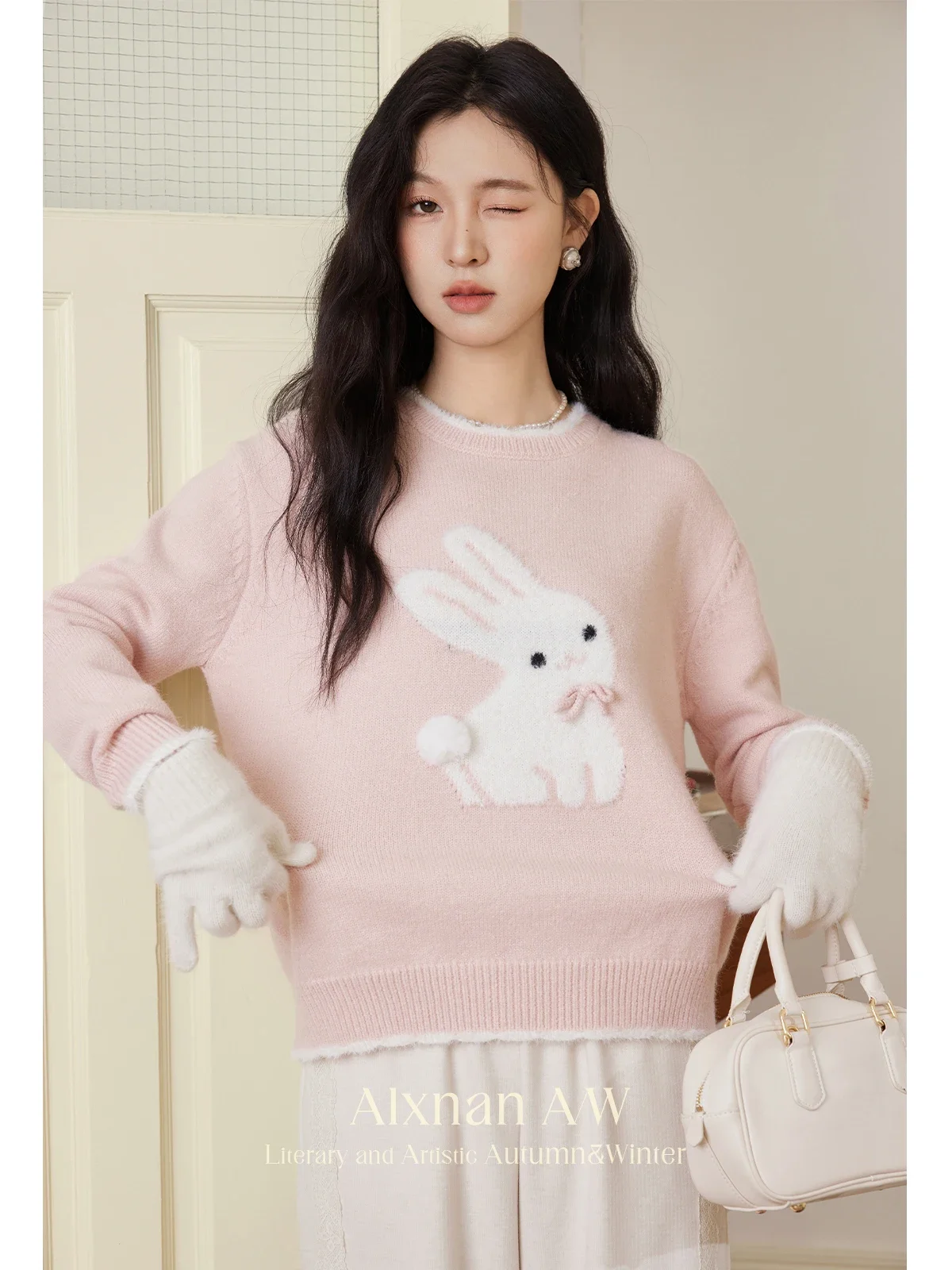 ALXNAN Women's Round Collar Languid Sweaters Sweet Bow Rabbit Pattern Long Sleeve 2024 Autumn Winter Loose Jumper Female L50769