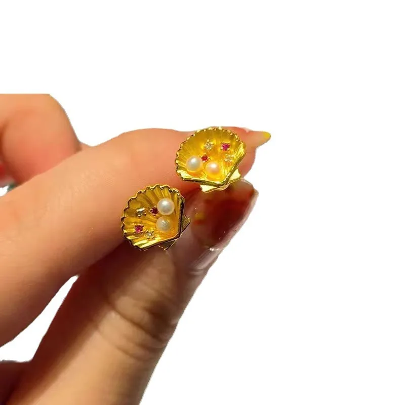 Genuine Kt18 Gold Color Shell Shape Earrings Earring for Women Bride Girl Birthday Wedding Engagement Stud Earring Jewelry Gifts
