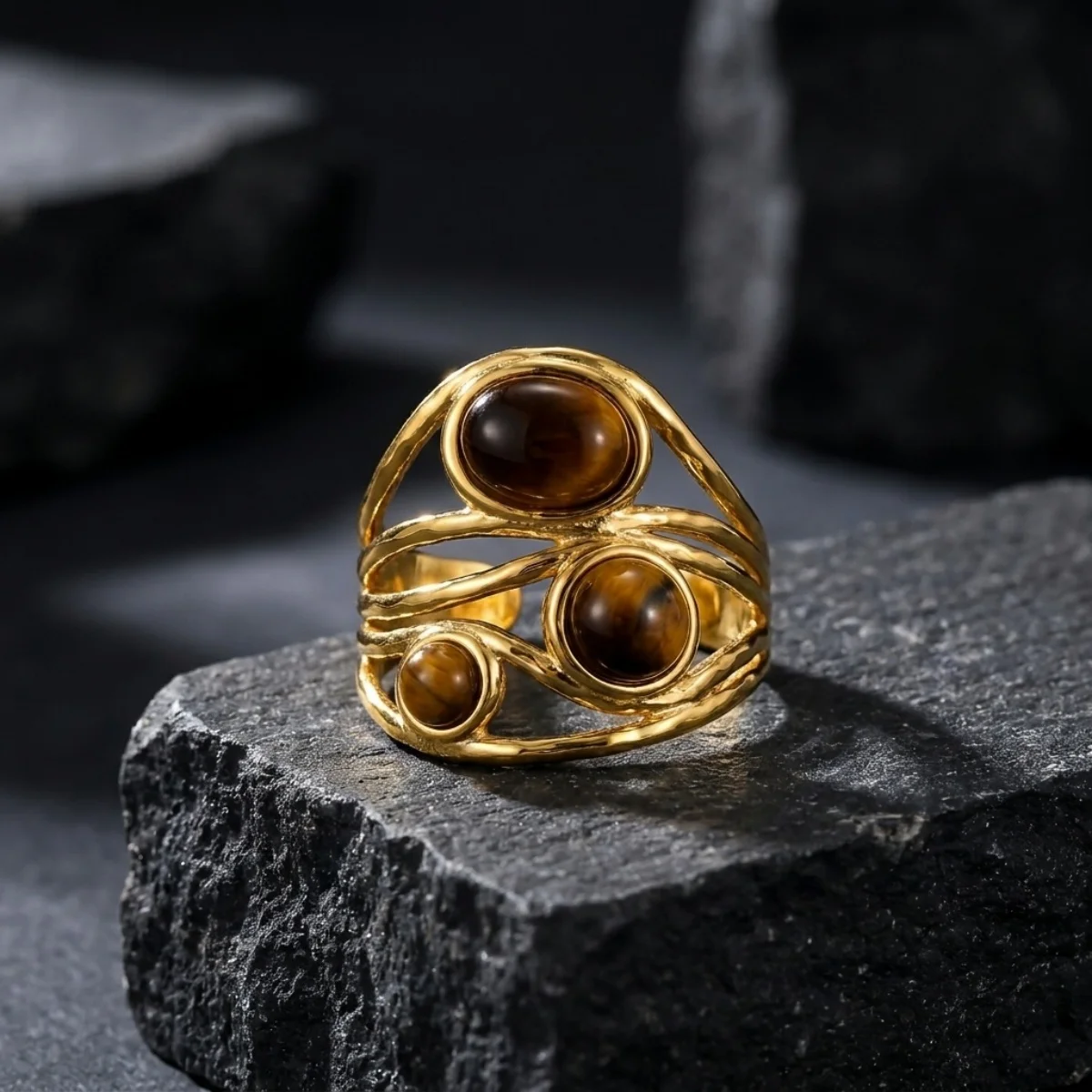 Retro-Ringe mit unregelmäßigem Lava- und Tigerauge-Stein für Damen und Herren, Edelstahl, geometrische Textur, Fingerring, ästhetischer Schmuck – Detail 32