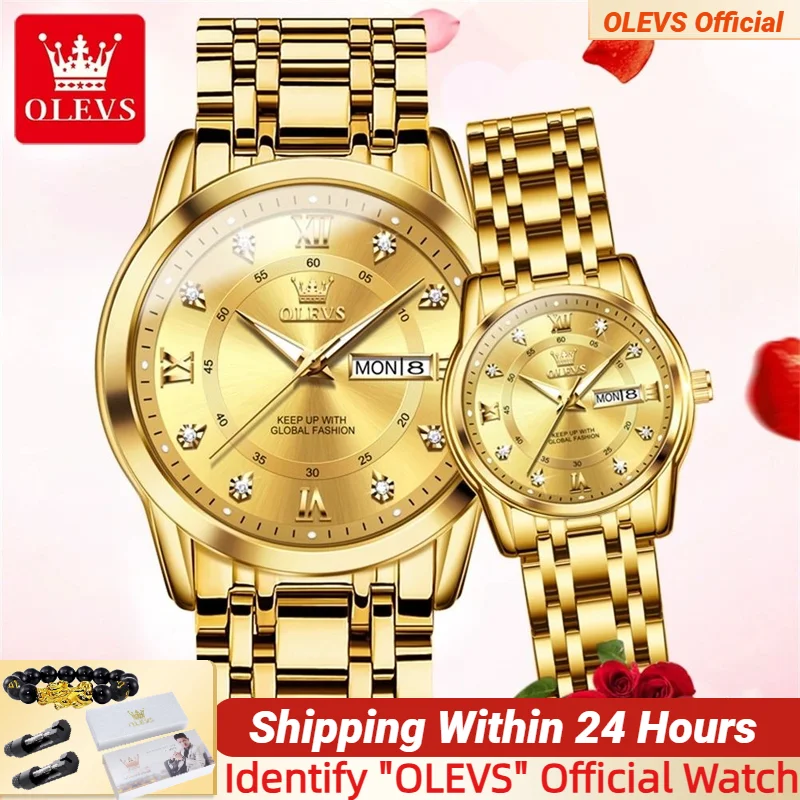 

OLEVS 5513, часы для пар для мужчин и женщин, золотые наручные часы, часы для влюбленных, водонепроницаемые кварцевые мужские часы из нержавеющей стали, женские часы