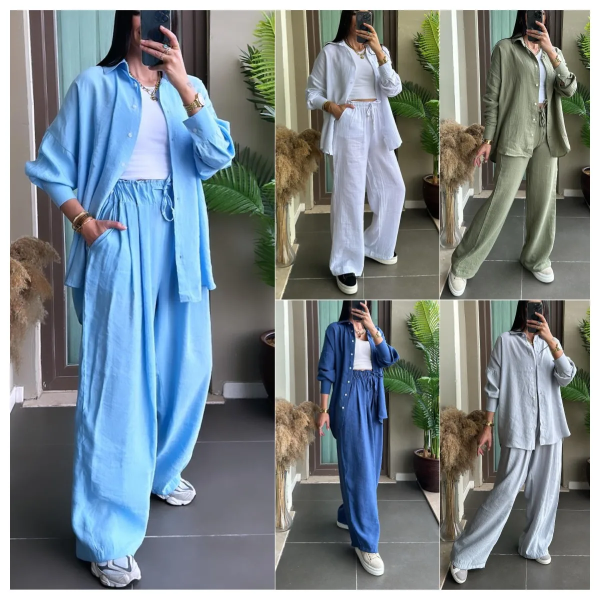 

Two Pieces Women Pant Sets Solid Matching Sets Button Long Sleeves Shirt Drawstring Waist Full Length Pants 2026 Spring Autumn