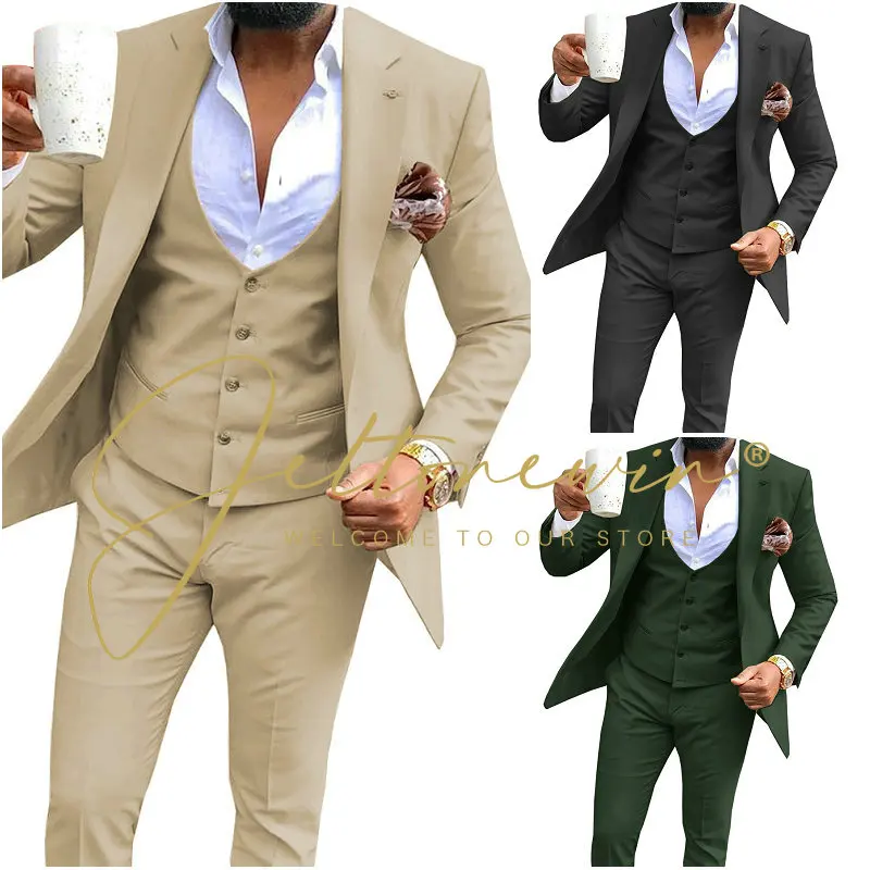 

2023 New Fashion Beige Male Suits Slim Fit Notched Lapel 3 Pieces Best Men Suits For Wedding Blazer+Vest+Pants Costume Homme