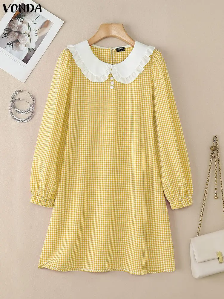 ชุดเดรสสั้นเซ็กซี่แฟชั่นผู้หญิง VONDA ปี 2025 ลายสก็อต สำหรับฤดูใบไม้ร่วงและฤดูใบไม้ผลิ แขนยาว สไตล์ลำลอง คอปกปีเตอร์แพน เหมาะสำหรับงานปาร์ตี้