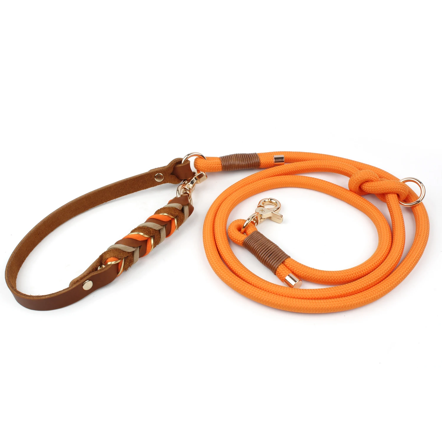 Braunes Leder-Hundehalsband und Leinen, Anzug, gewebte Muster, wunderschönes, langlebiges Nylon, orange Farben, Seil, freihändiges Design, 2026, neu – Detail 15