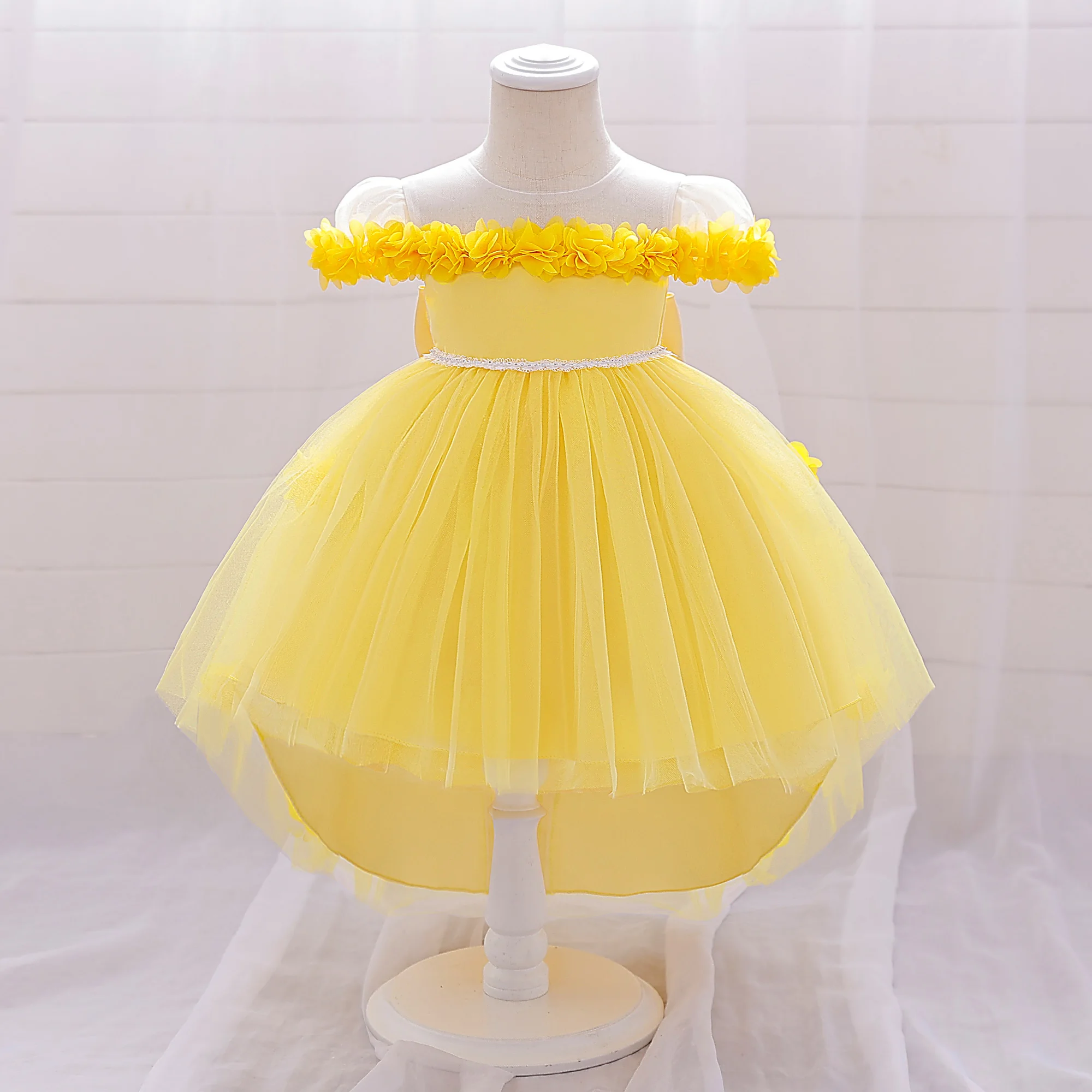 Summer Flower Party Baby Girls Dress Elegant Tailed Tulle 1st Birthday Wedding Princess Dress Bow Baptism Bridemaid Kids Clothes