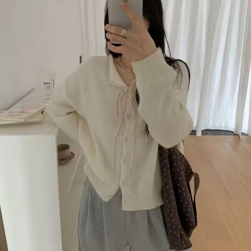 سترة صوفية بياقة مقلوبة من الدانتيل للنساء للخريف معاطف سترة غير رسمية بأزرار للنساء فضفاضة بأكمام طويلة ملابس خارجية دافئة للسيدات