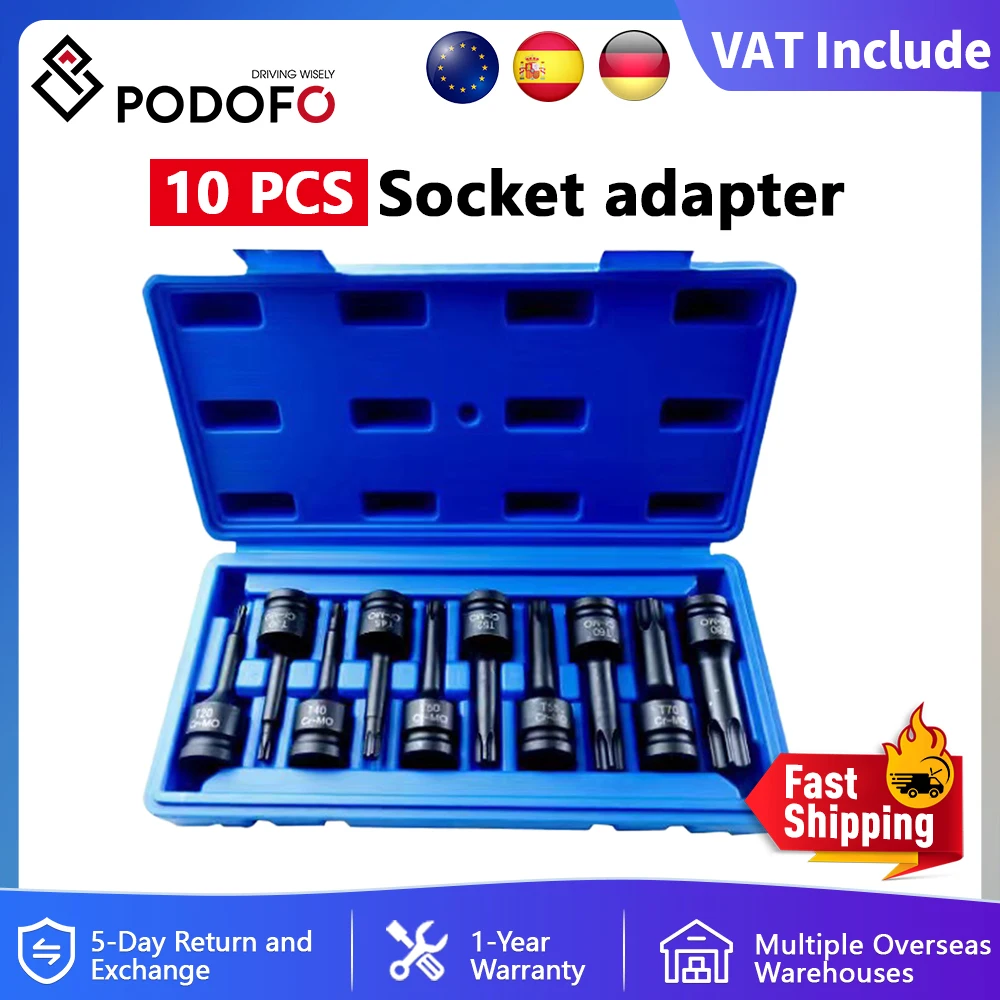Podofo 10 pezzi 1/2 pollici Drive Impact Torx Star Bit Set di bussole T20-T80 Set di utensili manuali in metallo per chiave a testa quadrata