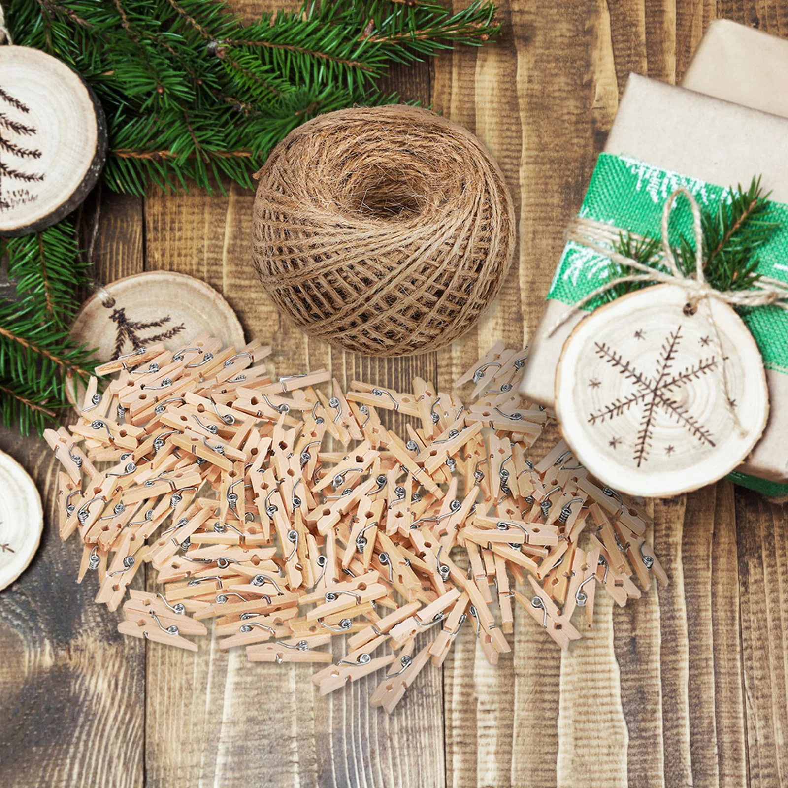 

150Pcs Jute Twine with Wooden Clips Natural Hemp Rope for DIY Crafts Gift Wrapping Garden Twine Strings Jute Rope