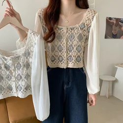 Korean Summer Chiffon Shirt Women Blouse Square Neck Loose Top Hollow Out Spliced Sunscreen Shirt