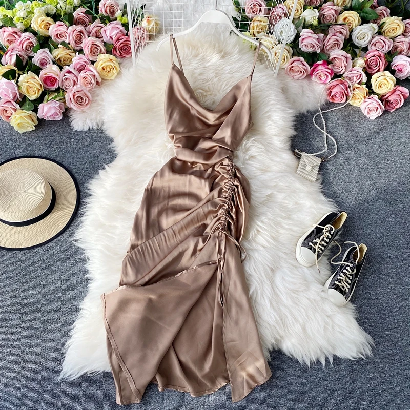 فستان طويل أنيق بفتحة جانبية ورباط خصر ورباط خلفي ورقبة على شكل حرف V من الساتان المطوي فستان صيفي للتخسيس #5