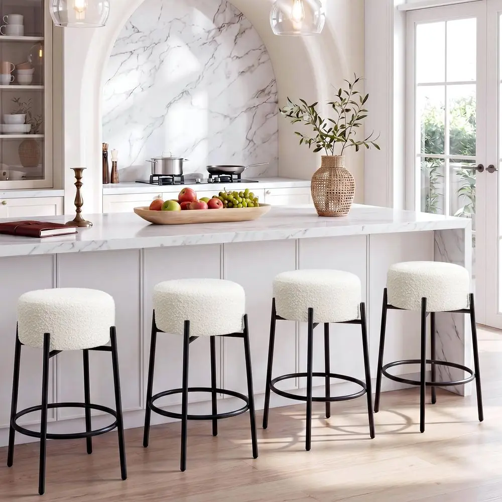 

Modern Backless Bar Stool Set of 4, White Bar Stools with Round Soft Padded Boucle Seat, 360 Swivel Counter Height Stool for Ki