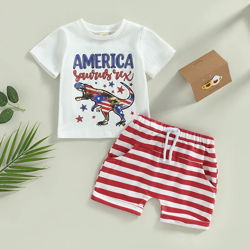 2023-03-25 Lioraitiin 0-3Years Baby Boys 2Pcs Independence Set Short Sleeve Letters Dinosaur Print T-shirt Solid/Striped Shorts