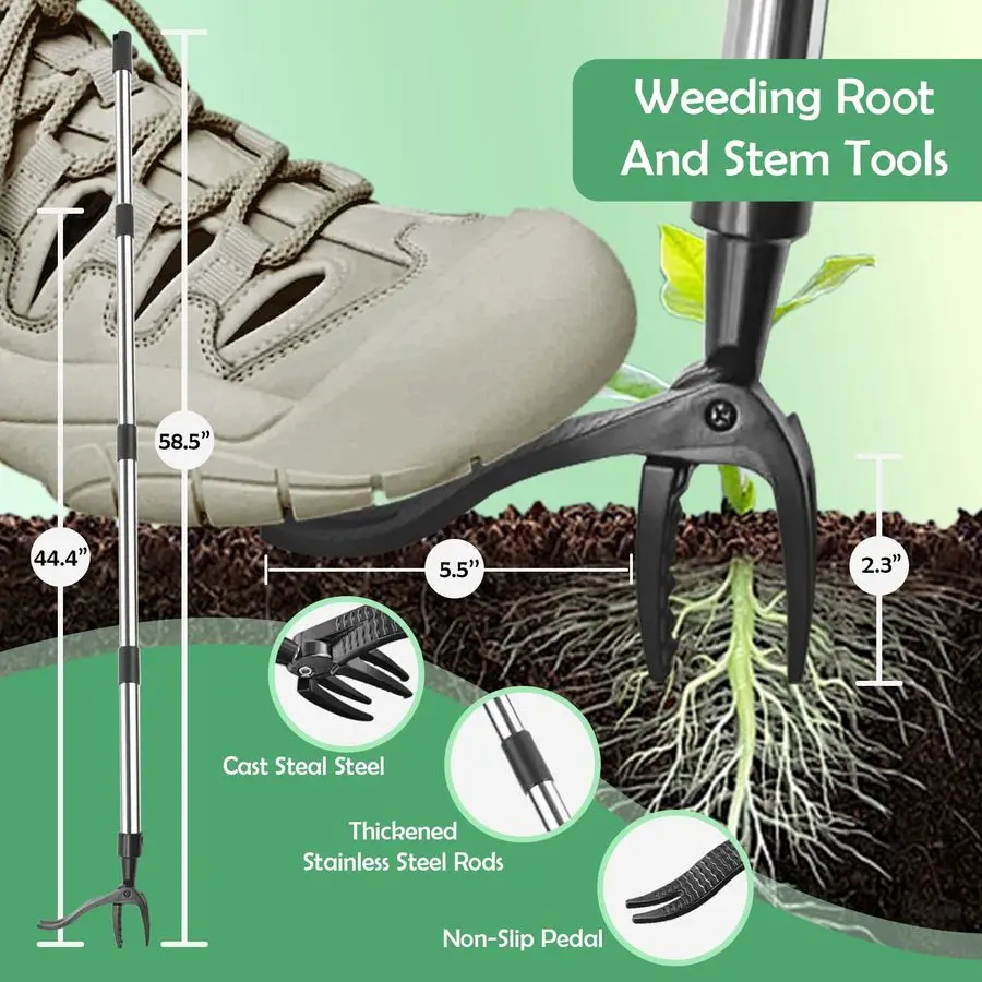 أداة سحب الأعشاب، مكشطة مجرفة مسطحة متعددة 12 شديدة التحمل، 14 مشط من الفولاذ مع مقبض طويل قابل للتعديل لأوراق الشجر ومضخم الطحلب Ed