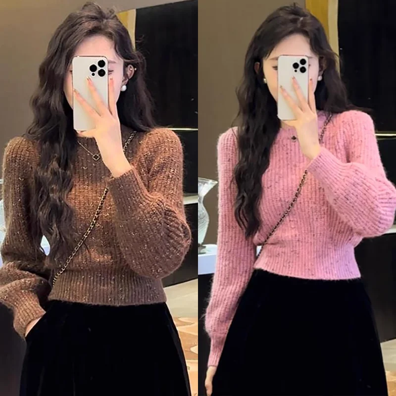 Korean Fashion Autumn Winter Women Solid O-Neck Bright Silk Screw Thread Pullover Sweater Fleece Thicken Long Sleeve Knitted Top