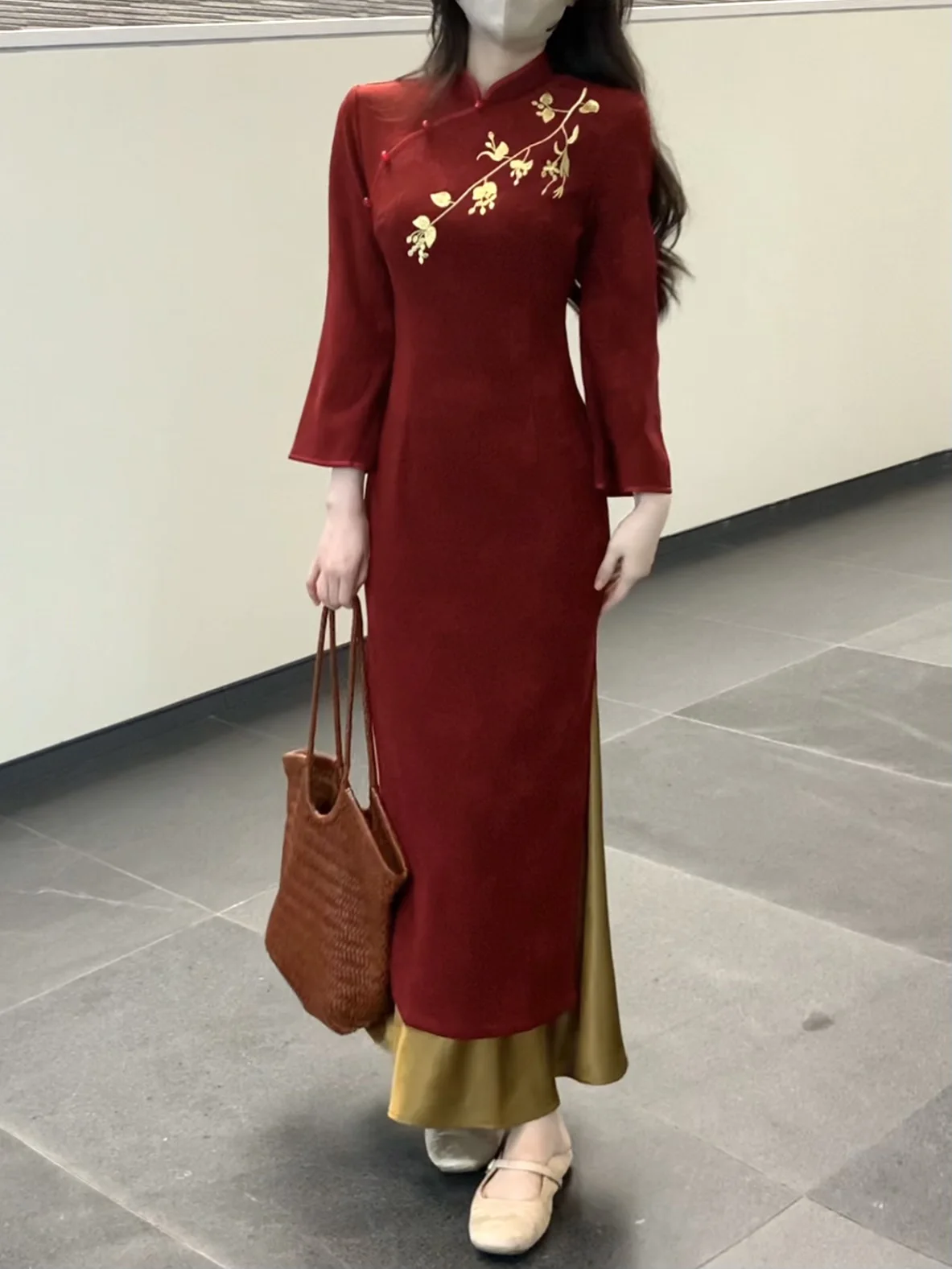 

Красная длинная юбка в китайском стиле для свадьбы и помолвки, облегающая длинная юбка в стиле ретро, теплая повседневная одежда, чистый цвет