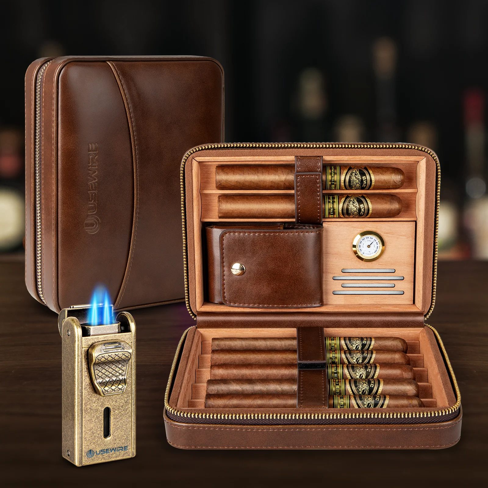 Leather Cigar Humidor with Cigar Lighter,Built in Straight Cutter and Punch,Travel Cigar Humidor with Humidifier and Cedar Tray