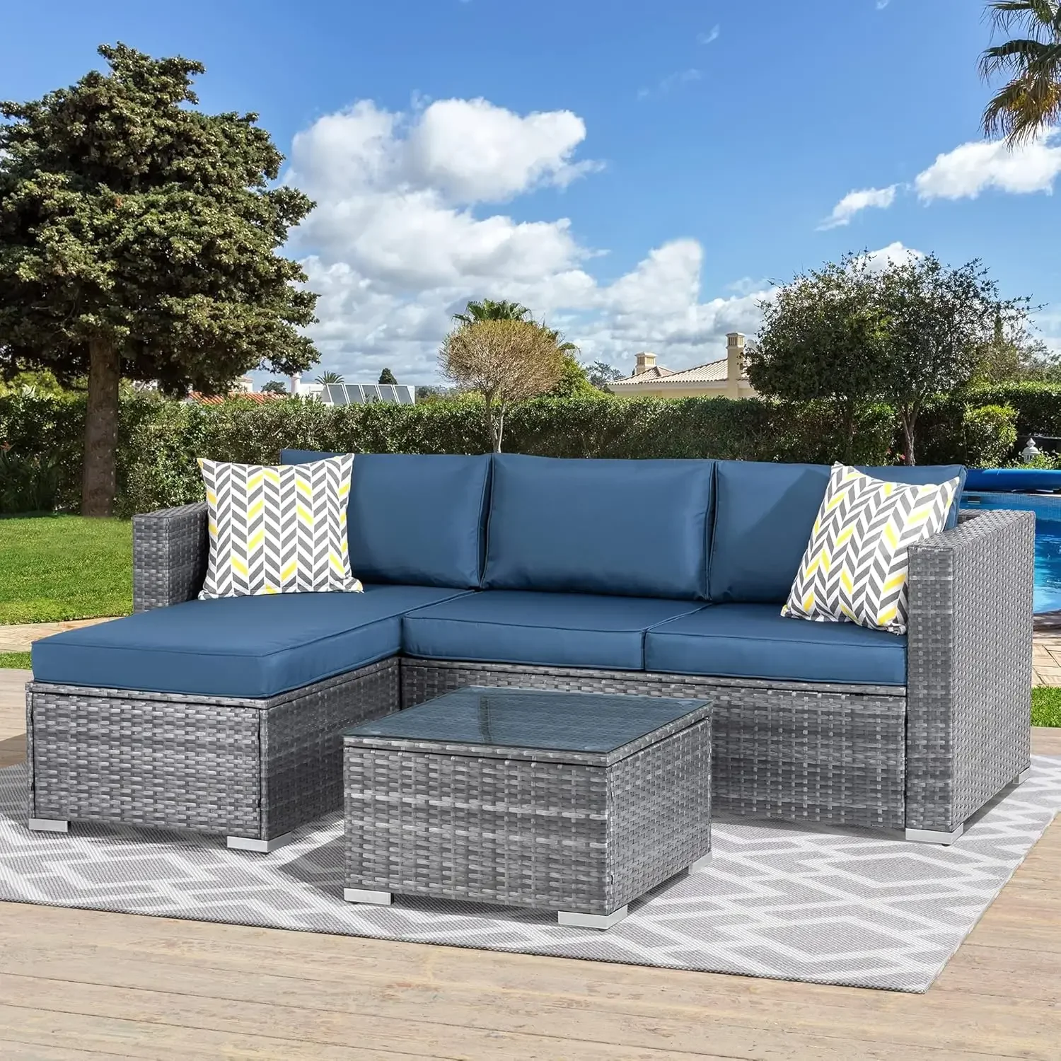 Rattan ao ar livre sofá secional com mesa de chá e almofadas, All-Weather Patio Móveis Sets, Upgrade Wicker