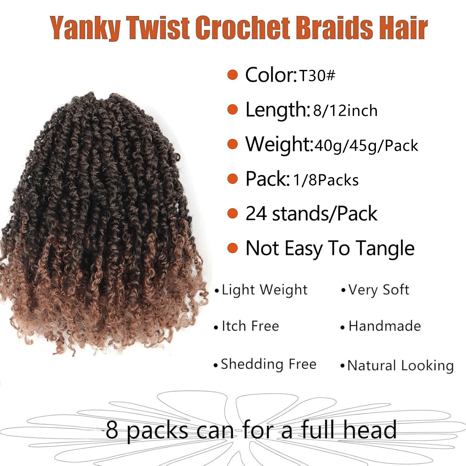 1/8 Packs Yanky Twist Crochet Hair Pre-twisted Ombre Brown Kinky Mini Spring Twist Synthetic Small Curly Senegalese Twist Braids