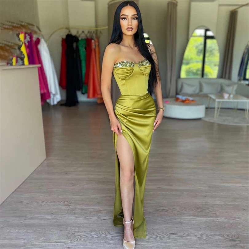 

Nersesyan Green Sequined Neckline Mermaid Prom Dresses Strapless High Split Satin Evening Gown Bodycon Saudi Arabia Party Gowns