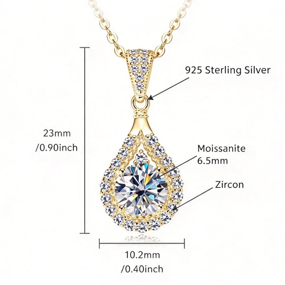 Gold Plated 925 Sterling Silver Teardrop Halo Moissanite Necklace Hollow Waterdrop Fine Jewelry Pendant For Ladies