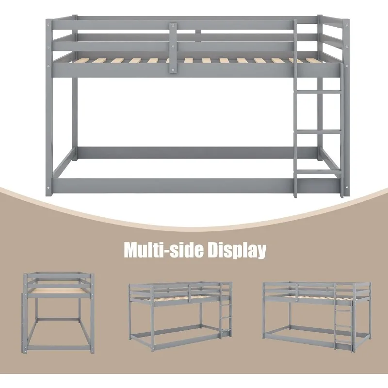 Bunk Bed Twin Over Twin, Floor Bunk Bed w Ladder, Safety Guard Rails, 400LBS Heavy Duty Wooden Twin Bunk Beds