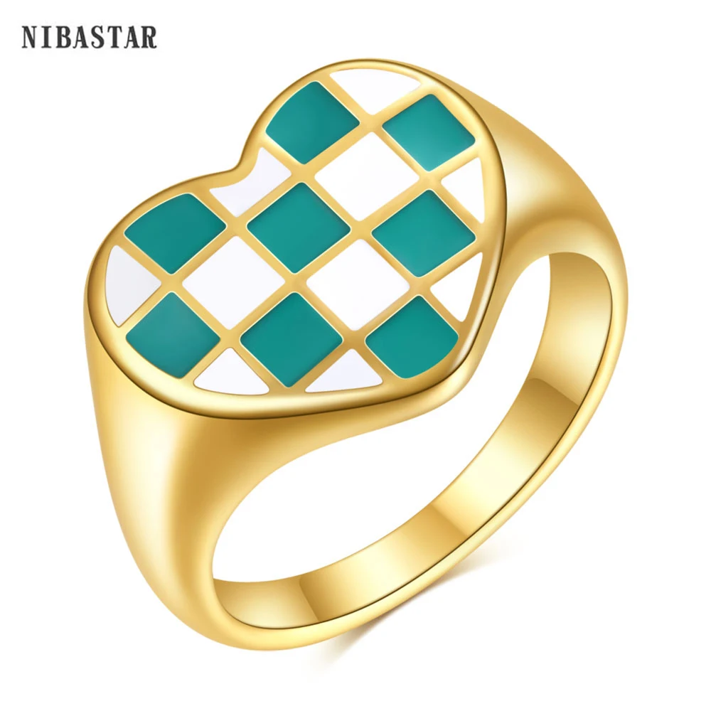 Fashion Exquisite Stainless Steel Heart Checkerboard  Enamel Signet Ring  For Women Girl Classic Finger Jewelry