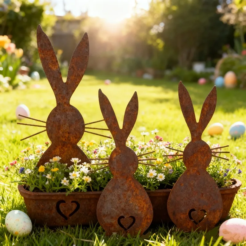 3pcs Rustic Metal Bunny Garden Stakes Weathered Silhouette Yard Art Decorative Outdoor Ornaments for Lawn and Flower Beds