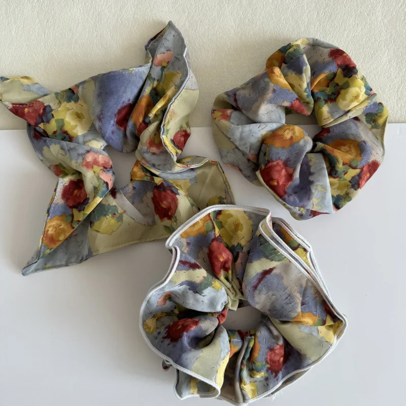 1pc Boho Floral Scarf Scrunchie Vintage Oil Painting Print High Elastic Hair Tie for Women High Bun Ponytail Holder Chic Daily