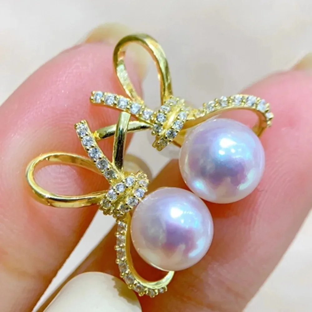 WOMEN Pearl Earrings 9-10mm AKOYA AAA Bow Style Sweet and Fashionable 925s Freeshippings Items