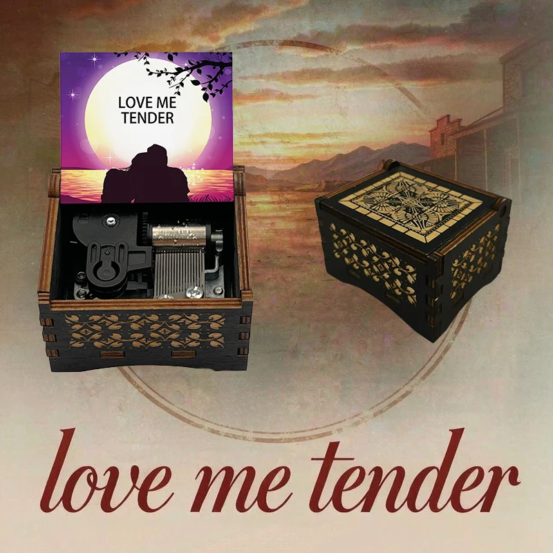 Wooden Music Box Love Me Tender Wind Up Movement 18 Note Melody Girlfriend Couple Birthday Valentine's Day Cute Gift