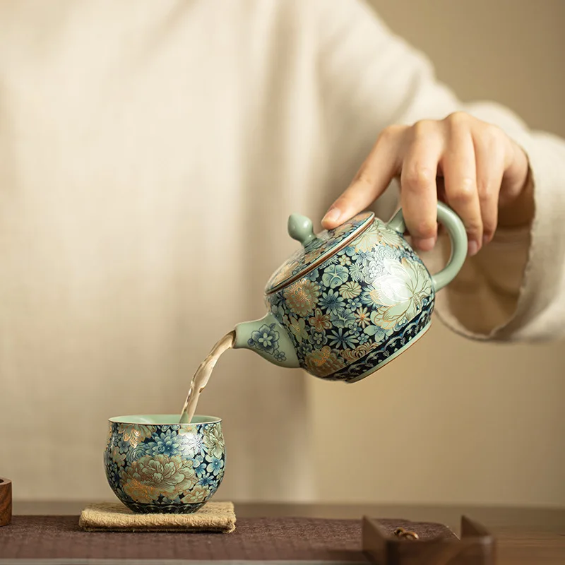 Jingdezhen-Glazed Roast Flower Teapot, Ru Ware, Teapot Wanhua Gilding Peony Hanwa Pot, Kung Fu Tea Set, Home Tea Brewing Cup