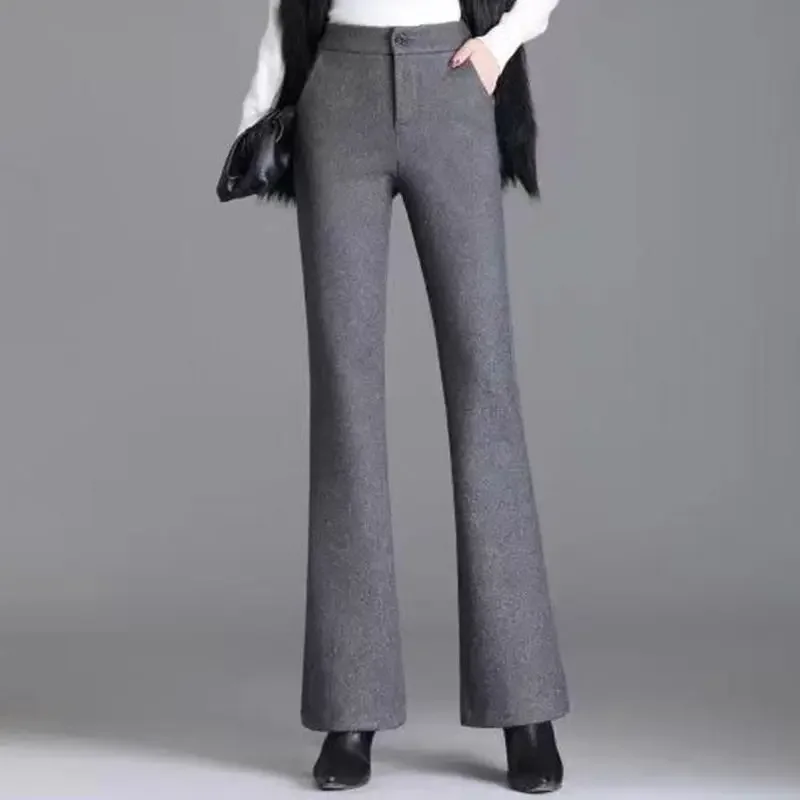 Pantalon Évasé en Laine Épaisse pour Femme de Bureau, Slim, Taille Haute, Jambes Larges, Couleur Unie, Mode Coréenne, Nouvelle Collection Automne Hiver