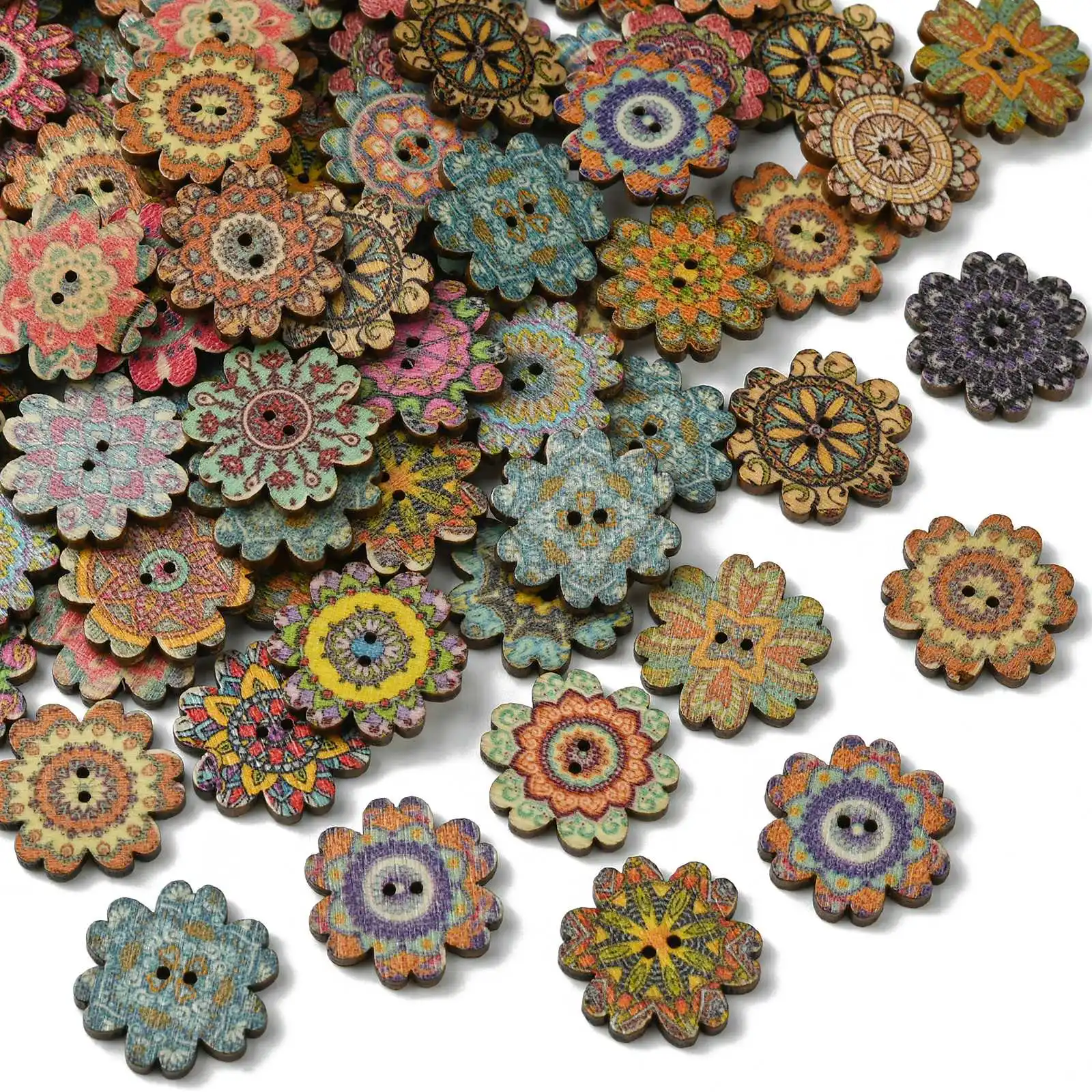 Pandahall 200Pcs Random 20mm Wooden Buttons Vintage Flower Floral Buttons Decorative Buttons with 2 Holes for DIY Sewing Crafts