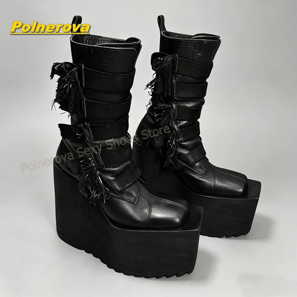 Dark Y2K Platform Motorcycle Boots Women Square Toe Platform Wedge Mid Calf Boots Multi Strap Frayed Tassel Design Club Footwear
