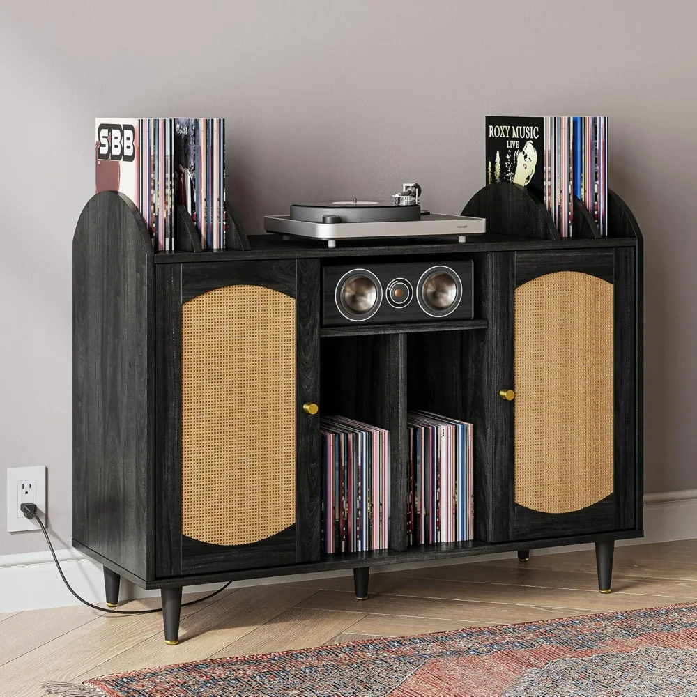 

Стойка для проигрывателя в стиле середины века, шкаф для хранения виниловых пластинок на 350+ альбомов, декорированная под дерево подставка с розеткой