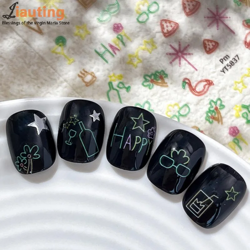 Pegatinas de uñas de estilo de vacaciones, apliques de uñas 3D en relieve, deslizadores adhesivos, accesorios de Arte de uñas de verano, pegatinas, decoraciones para uñas