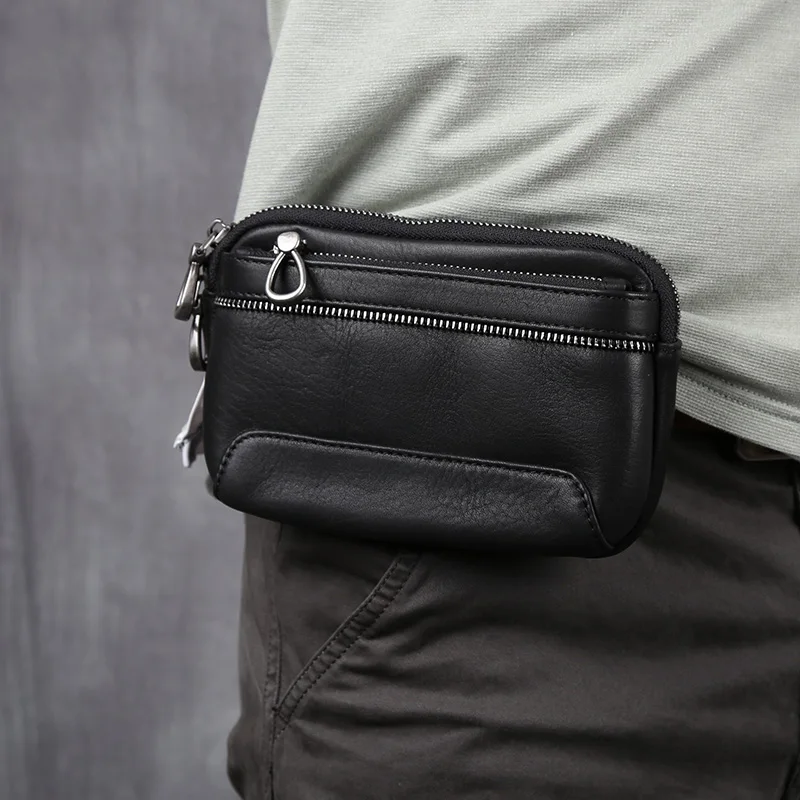 Herren-Gürteltasche aus echtem Leder, horizontal, für Mobiltelefone, Retro-Stil, Oberschicht aus Rindsleder, schlicht, lässig, mit Doppelreißverschluss, JLFGPJ – Detail 3