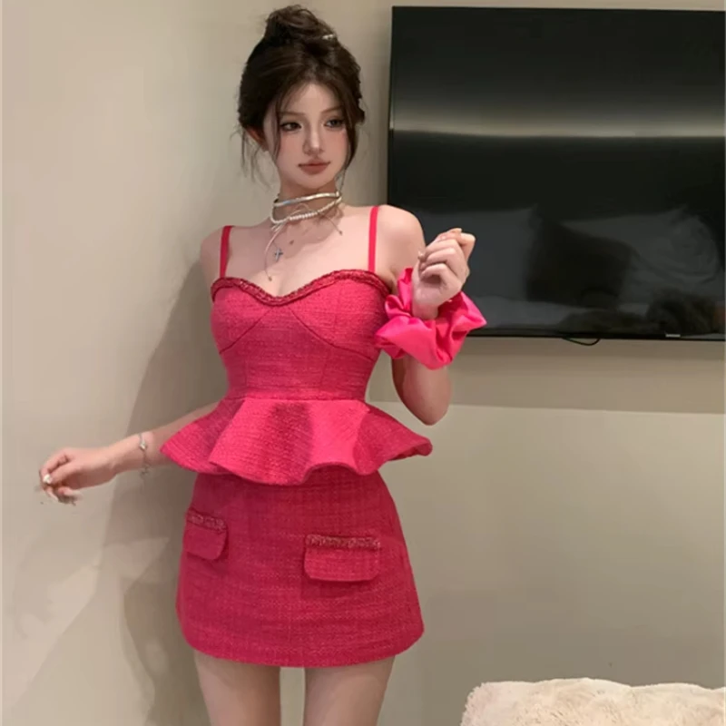 Ladies Short Flare Camis for Women Elegant Dragon Fruit Color Lotus Trim Tank Top and Mini Skirt Sexy Tweed Two-piece Sets